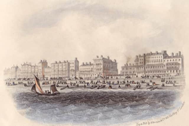 In this engraving of c1855 Augusta Terrace is seen at centre-left, and Augusta House is the narrow building to its east. At centre are the Royal Baths (later Marlborough House), and at far right is Montpelier Terrace, located at the sea-end of Montague Terrace