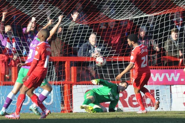 Crawleys Goalkeeper Lewis Price is beaten for Bristol City's first goal (Pic by Joe & James Rigby) SUS-150703-212851002