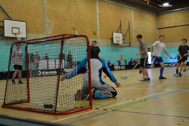 Action from the UK Floorball Federation South Division matches at Summerfields Leisure Centre