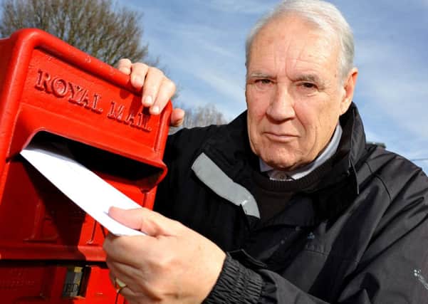 Derek Castle campaigning to stop changes to post box collection times in Mannings Heath. JPCT 10-03-15. Pic Steve Robards SUS-151003-140404001