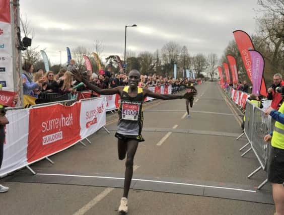 Sammy Nyokaye crosses the line to win the Surrey Half Marathon last weekend. The Kenyan star is also in the field for the Hastings Half Marathon on Sunday March 22