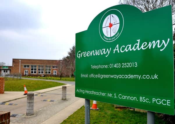 Greenway Academy school sign with Acting Headteacher's name Mr S Cannon displayed on it, Greenway, Horsham. Pic Steve Robards SUS-150316-121606001