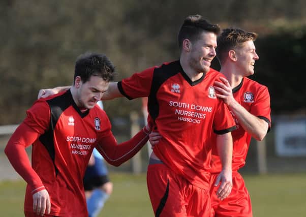 Hassocks FC V Ringmer 14/3/15 Jamie Hillwood scores for Hassocks (Pic by James Rigby) SUS-150316-104346008