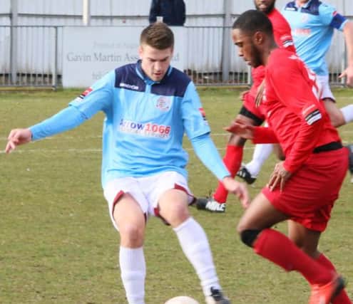 Steve Brinkhurst in the thick of the action during Hastings United's 3-0 defeat at Carshalton Athletic last weekend. Picture courtesy Joe Knight
