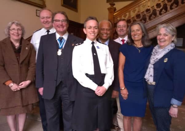 First West Sussex Prayer Breakfast at Wiston House near Steyning (L-R) Caroline Lucas, Sussex Police chief constable Giles York, West Sussex High Sheriff 2014/5 Jonathan Lucas, Sussex Police deputy chief constable Olivia Pinkney, Lord Michael Hastings CBE, Harry and Pip Goring and chairman of West Sussex County Council Amanda Jupp - picture by Anna Coe