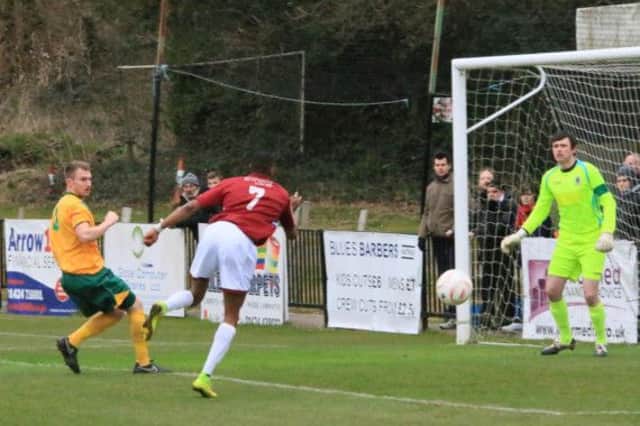 Tyrell Richardson-Brown goes for goal during Hastings United's 2-0 defeat at home to Horsham last weekend. Picture courtesy Joe Knight