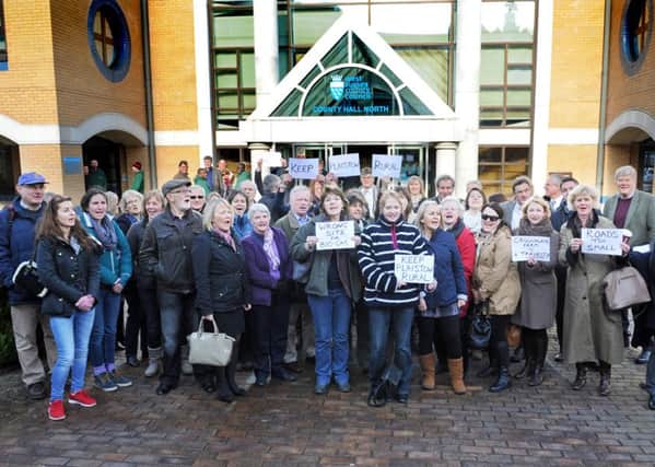 Villagers and parish councillors protesting outside County Hall North in Horsham last month against plans for an anaerobic digester at Crouchland Farm in Plaistow - photo by Steve Cobb S15081186x