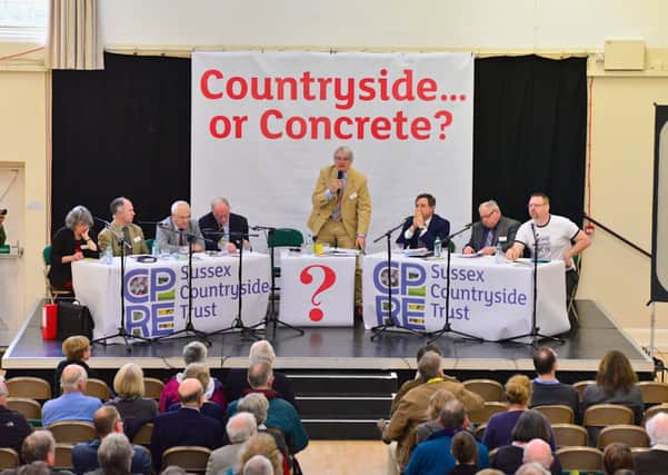 Election hustings organised by CPRE Sussex Frances Haigh, Darrin Green, Martyn Davis, Roger Arthur, David Johnson chairman of CPRE Sussex, Jeremy Quin, Jim Rae and James Smith Drill Hall, Horsham (photo submitted. SUS-150325-120608001