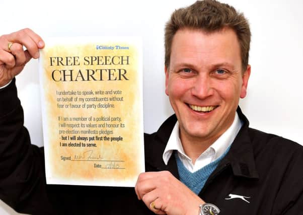 Matthew French Conservative candidate for Broadbridge Heath signing the Free Speech Charter. Pic Steve Robards SUS-150317-163504001
