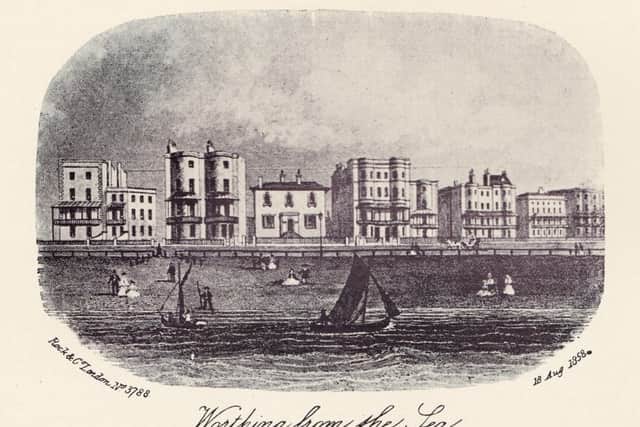 An 1858 engraving of Worthing seafront, with Parade Lodge  later the Thomas Banting Memorial Home  in the centre