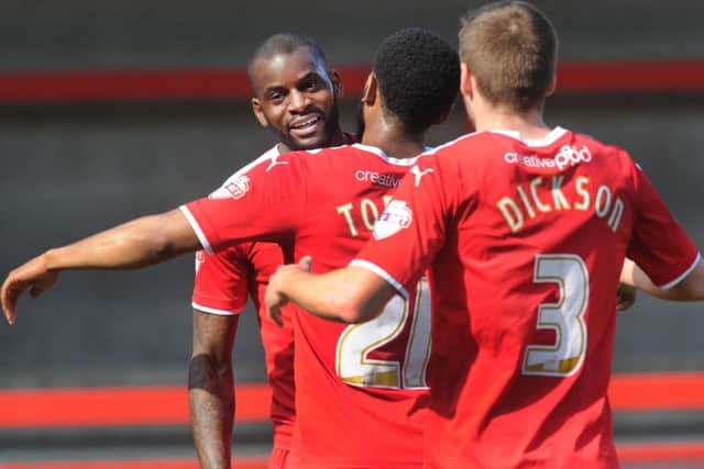 Crawley Town V Oldham Athletic 6/4/15 Izale McLeod scores Crawley's first goal (Pic by Jon Rigby) SUS-150604-184751002