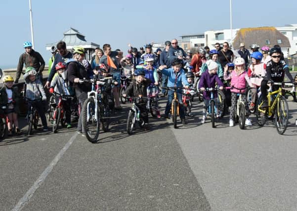 Parents and children at the start of the Easter Kids Bicycle Ridelp1500966