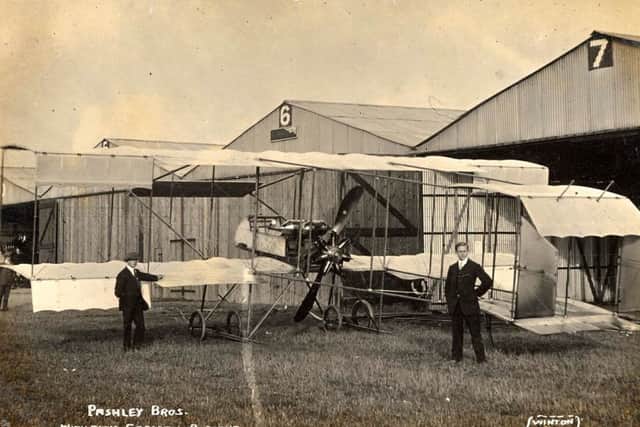 Pashley brothers on their Farman bi-plane at Shoreman, c1913