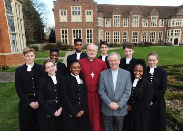 The Bishop of London with Christ's Hospital students SUS-150413-103649001