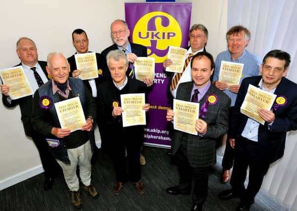 UKIP Horsham District Council election candidates to sign County Times Free Speech Charter. l-r back row Ray Toots, Ian Tandy, Roger Arthur, Tony Rickett, Patrick Dearsley
l-r front row Graham Harper, Chris Heath, Chris Brown, Uri Baran. Pic Steve Robards SUS-150413-172558001