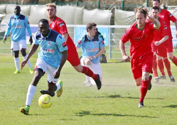 Olalekan Bankole on the ball for Hastings United in their 3-2 defeat at South Park on Saturday. Picture courtesy Joe Knight