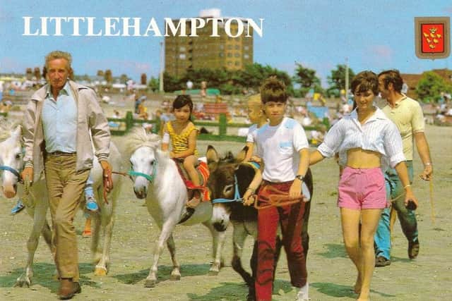 A postcard with Ian Lucas holding pony rides on Littlehampton seafront. Ian died on Sunday, February 16.