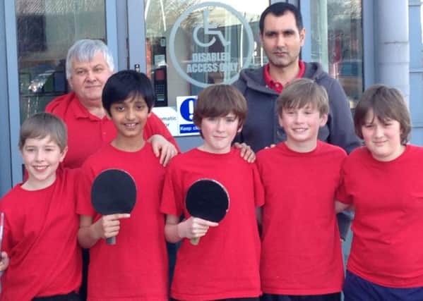 Southwater Junior Academy U11 Boys table tennis team outside Bristols Academy of sport following their success. SUS-150421-165332001