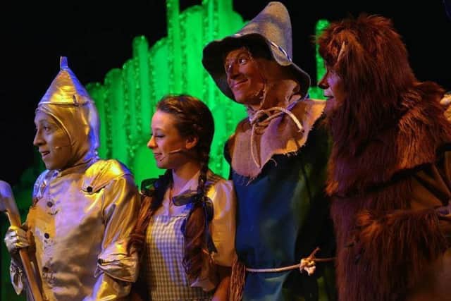 Gus Quintero-Fryatt as Tin Man, Adrienne Cox as Dorothy, Chris Dale as Scarecrow and Kevin Summers as Cowardly Lion. Picture by Sam Taylor