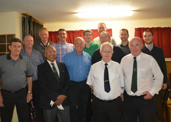 Stoner, Grandmasters and Charity Trebles finalists with referees Steve Barton, Dennis Wakeford and Roy Tucknott.