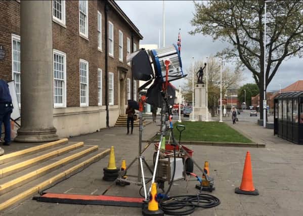 BBC show Cuffs shooting at Assembly Hall Worthing SUS-150429-123631001