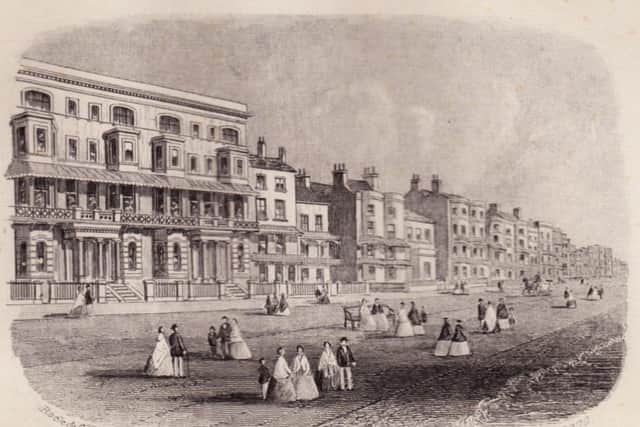 An engraving dated 30 March, 1870 showing (at left) the eastern end of the main terrace soon after it was built. The street in the centre of the picture is West Buildings