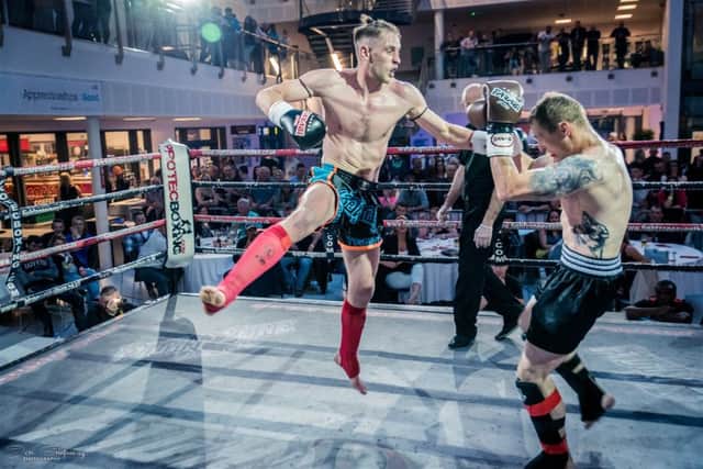 Henri Burnham in action at the Pantheon Fight Series show. Picture courtesy Jon Snapaway Photography