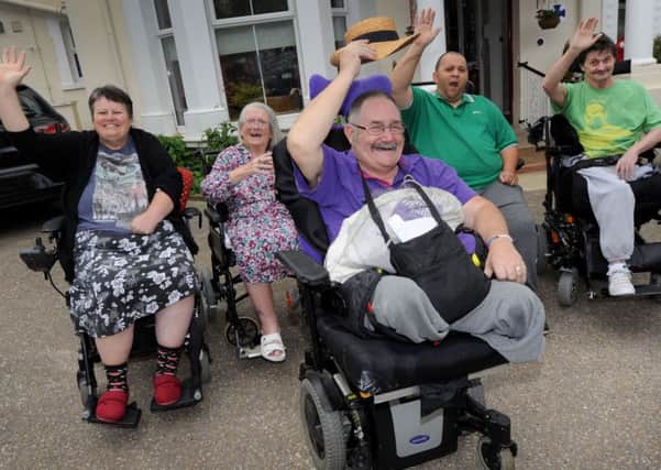 Strictly Come Wheelchair Dancing photocall at Queen Mary's Nursing Home.

Pictured: Mulberry and Queen Mary's dancers. SUS-150520-133907001