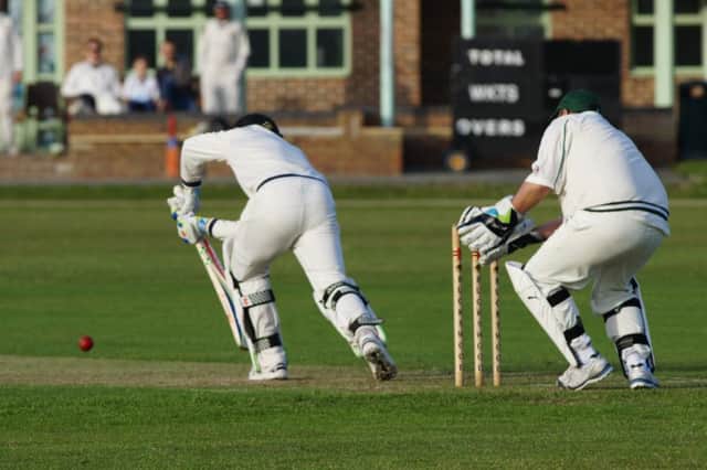 Hastings Priory batsman Harry Finch patiently defends against Lindfield. Picture courtesy Regwood Photography