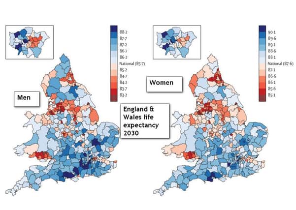 Life expectancy in England and Wales' districts for men and women in 2030. Image courtesy of The Lancet.