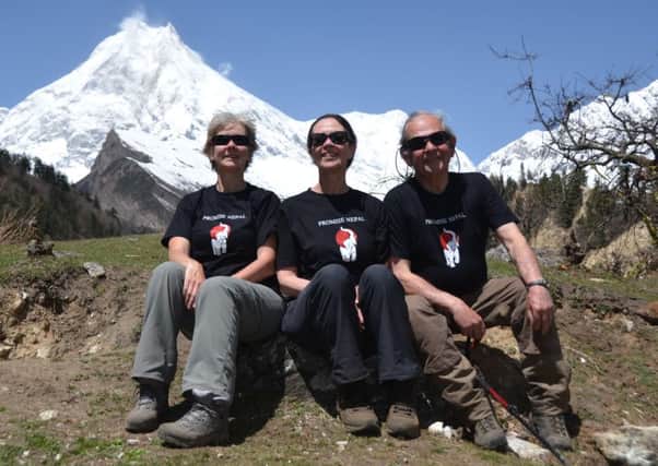 Maggie Burgess and Col Sir Brian Barttelot, along with fellow trekker Hilary Young after surviving the earthquakes