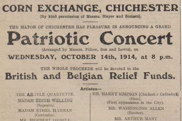 Advert for a Patriotic Concert at the Corn Exchange, Chichester, Chichester Observer, 7th October 1914 SUS-150514-112323001
