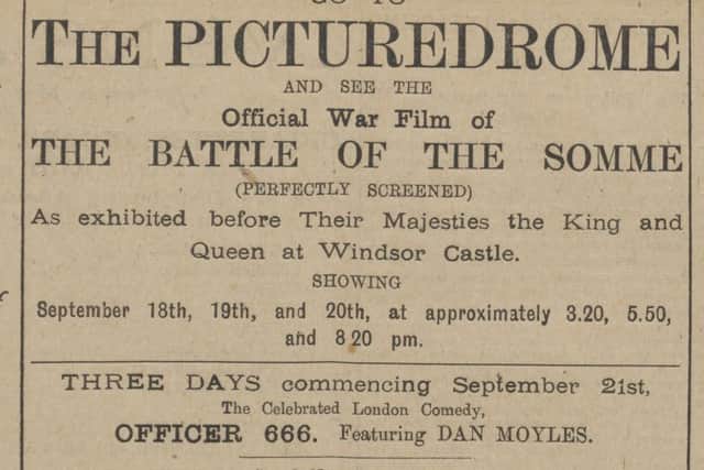 Advert for the film 'The Battle of the Somme' showing at the Picturedrome, Worthing, Worthing Gazette, 13th September 1916 SUS-150514-112257001