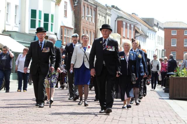 SS150517B18
Italy Star Parade in Chichester. Veterans of WW2 Italy campaign pictured congregating in Chichester after a service at the Cathedral and marching through the city up North Street.
Contact: 07811 891191. Reporter: Chris Shrimwell.
Photographer: Sam Stephenson.
17/05/2015 SUS-150517-203027008