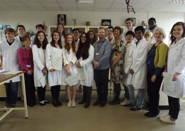 Successful biology students and their teachers with Principal Sally Bromley (7th from right). Picture by student reporter Selina Polat SUS-150520-152206001