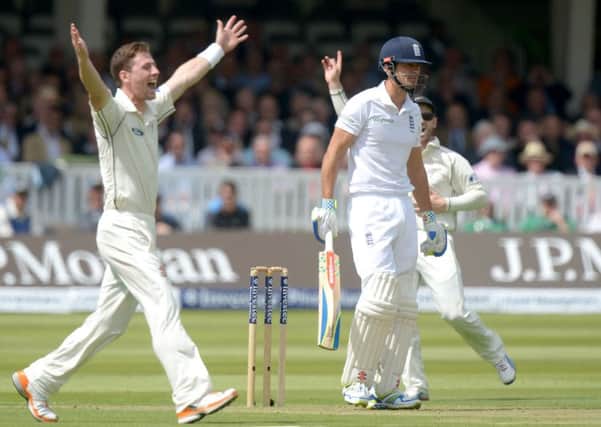 New Zealand's Matt Henry (left) celebrates taking the wicket of England's Alastair Cook during day one of the first Investec Test Match at Lord's, London. PRESS ASSOCIATION Photo. Picture date: Thursday May 21, 2015. See PA story CRICKET England. Photo credit should read: Anthony Devlin/PA Wire RESTRICTIONS: Editorial use only. No commercial use without prior written consent of the ECB. Still image use only â¬ no moving images to emulate broadcast. No removing or obscuring of sponsor logos. Call +44 (0)1158 447447 for further information. CRICKET_England_120893.JPG