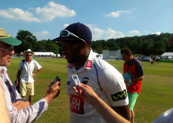 Sussex fast bowler Chris Jordan speaks to the press after the victory against Warwickshire. SUS-140725-134035002
