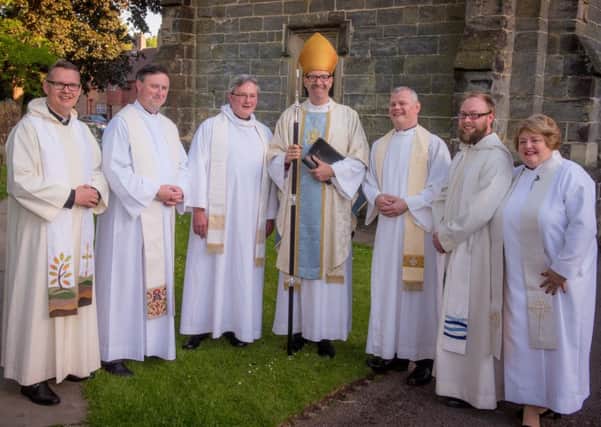 Priestings of at St Mary's Horsham by the Bishop of Lewes L-R Rev Steve Burston (Worth),Rev Chris Sutton (Slaugham),The Rev Matin Mills (Bolney & Cowfold), Bishop Richard centre, Rev Captain Howard Schnaar (Broadfield), and Rev Jimmy young (Horsham) and Archdeacon Ven Fiona Windsor.
 
Picture by Jim Holden