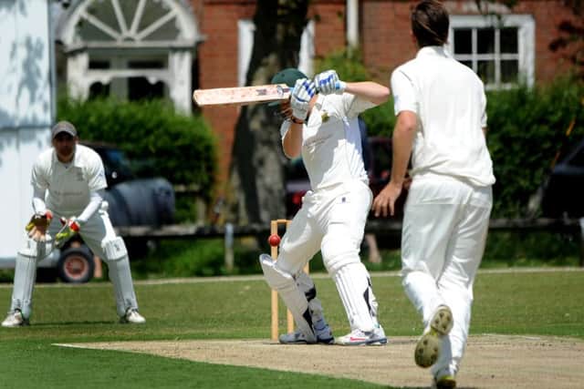 Burgess Hill CC (batting) v Chichester Priory Park. Narrow escape for Jack Simpson. Pic SR1512810. Pic Steve Robards SUS-150806-124552001