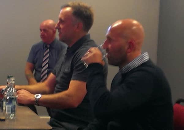 Crawley Town manager Mark Yates and assistant Jimmy Dack answer questions at the Fans' Forum. SUS-151106-152100002