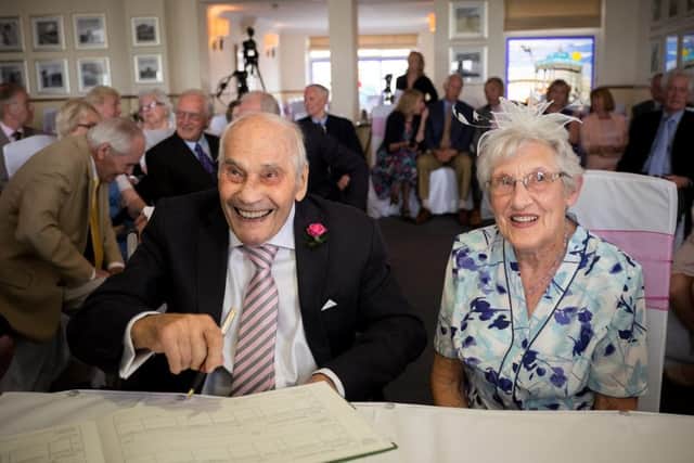 George Kirby, 103, gets married to his girlfriend of 27 years Doreen Luckie, 91. Giving the couple a combined age of 195 years. The couple wed in the Langham Hotel in Eastbourne, East Sussex. June 13 2015. SUS-150615-094536001