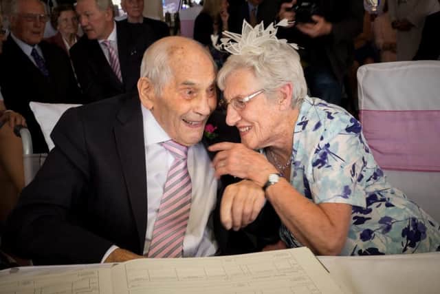 George Kirby, 103, gets married to his girlfriend of 27 years Doreen Luckie, 91. Giving the couple a combined age of 195 years. The couple wed in the Langham Hotel in Eastbourne, East Sussex. June 13 2015. SUS-150615-094548001