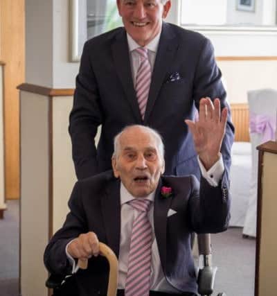 George Kirby, 103, gets married to his girlfriend of 27 years Doreen Luckie, 91. Giving the couple a combined age of 195 years. The couple wed in the Langham Hotel in Eastbourne, East Sussex. June 13 2015. SUS-150615-094611001