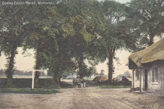 A tinted card produced by Valentine & Sons of the view north up Titnore Lane, using realistic colours