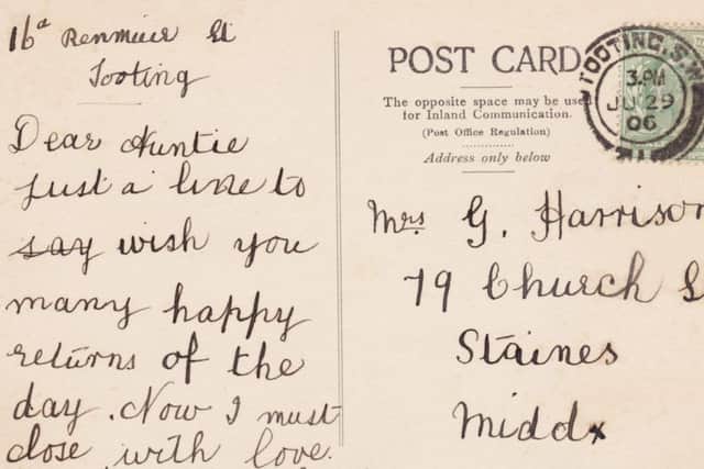 As can be seen from the address and the postmark on the back, this postcard (at the top of the page) was in fact sent from Tooting, on July 29, 1906. Presumably this rather poor view of the cottage at Goring crossroads was the only card that Cecil Griggs  as he rather formally signs himself  had to hand to send to his aunt to wish her a happy birthday. The now I must close at the end was a matter of force majeure, since little Cecil had used up so much space with his address and his birthday wishes that there was no room for anything else. Nonetheless Mrs Harrison was doubtless touched by the effort her nephew had put in.