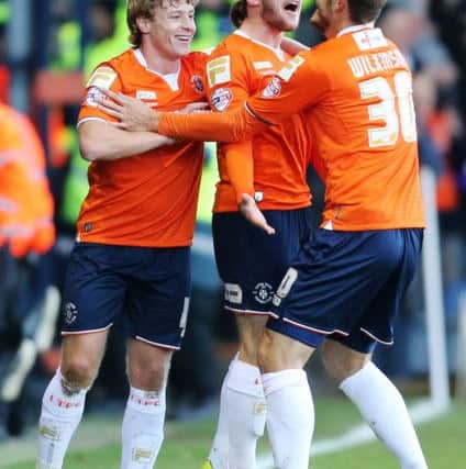Luton Town's Luke Rooney scores the opening goal  during Luton Town v Portsmouth, Sky Bet League Two, Kenilworth Road, Luton, Sunday, 28th December, 2014.League two -  Luton Town vs Portsmouth - 28/12/14
Luton Town's Luke Rooney celebrates scoring the opener PPP-150901-142914002