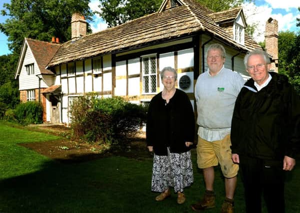 Newly refurbished Blue Idol Quaker Meeting House in Coolham after a two year restoration programme.  Quaker Friend Susan Richardson, specialist carpenter Don Mackinder, and  Blue Idol Quaker Meeting clerk, Roger Wilson,
pic steve robards. SR1514386 SUS-150623-134009001