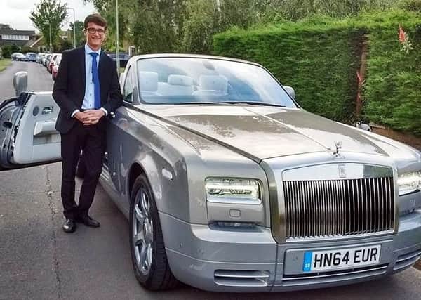 Former Chichester High School for Boys pupil Adam Brombley, from Emsworth, turns up to his prom in style thanks to a gift from Rolls Royce