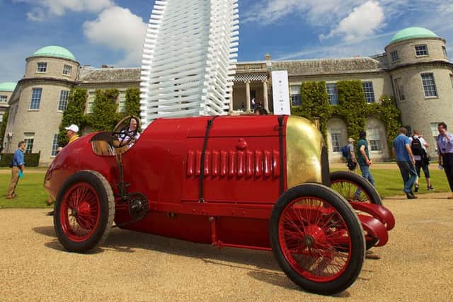 Fiat S76 in front of Goodwood House and Mazda Sculpture.PICTURE BY MICHAEL REED