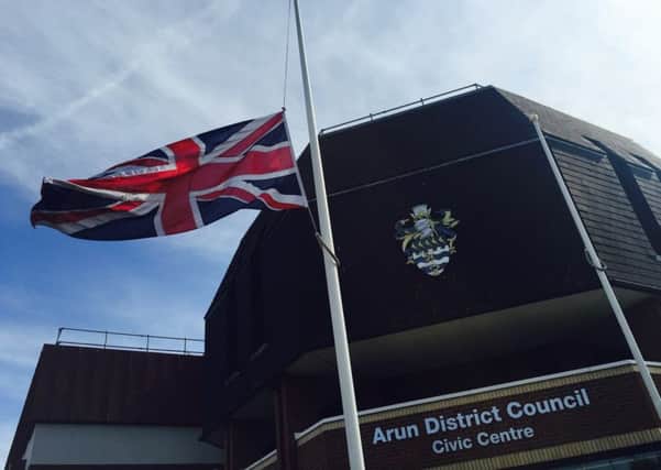 The flag at half mast outside the Arun District Council Civic Centre, in Beach Road, Littlehampton SUS-150307-110120001
